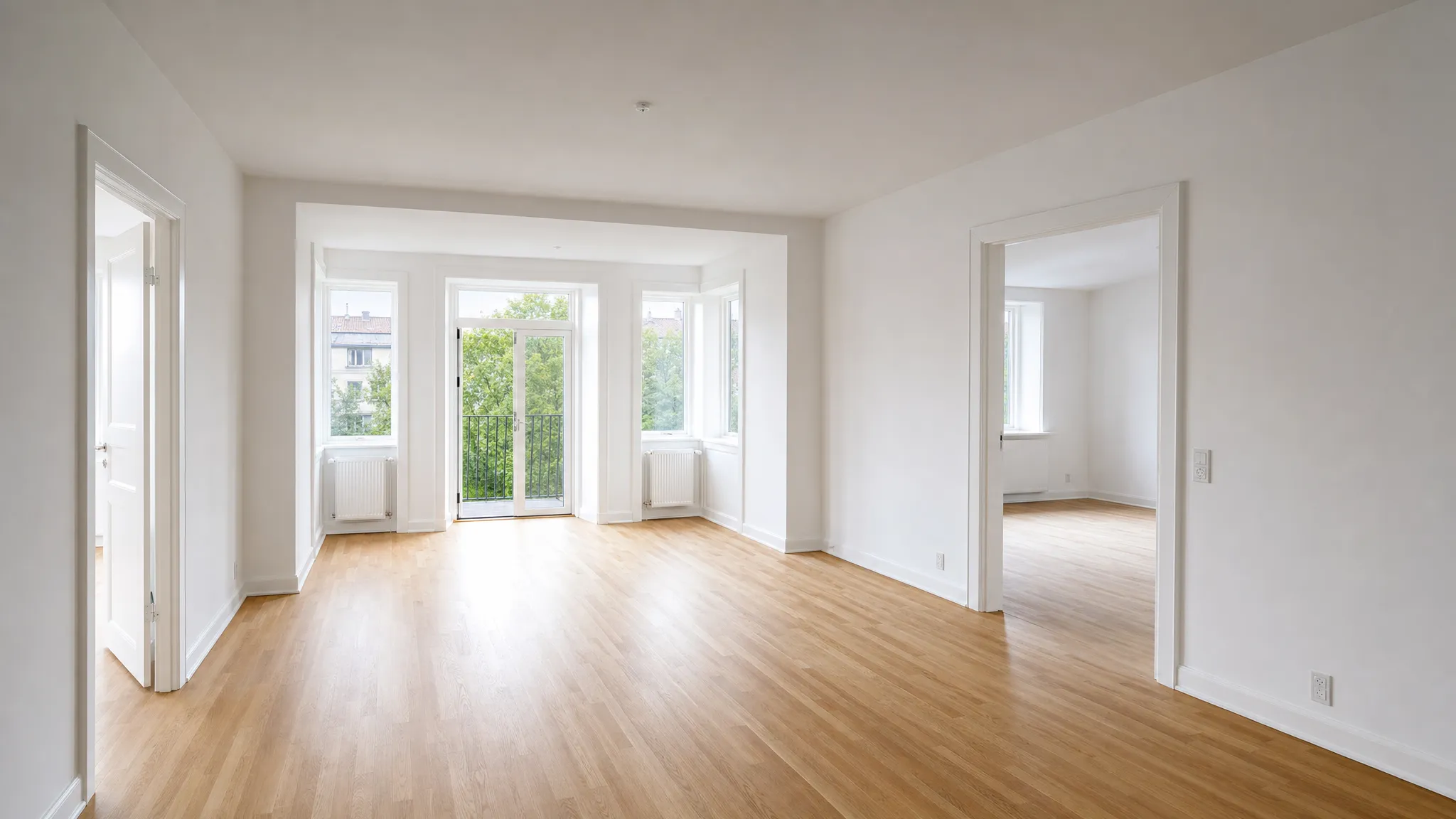 En lys og nymalet lejlighed med hvide vægge, glat loft og afdækket trægulv set i et bredt overblik, klar til indflytning.