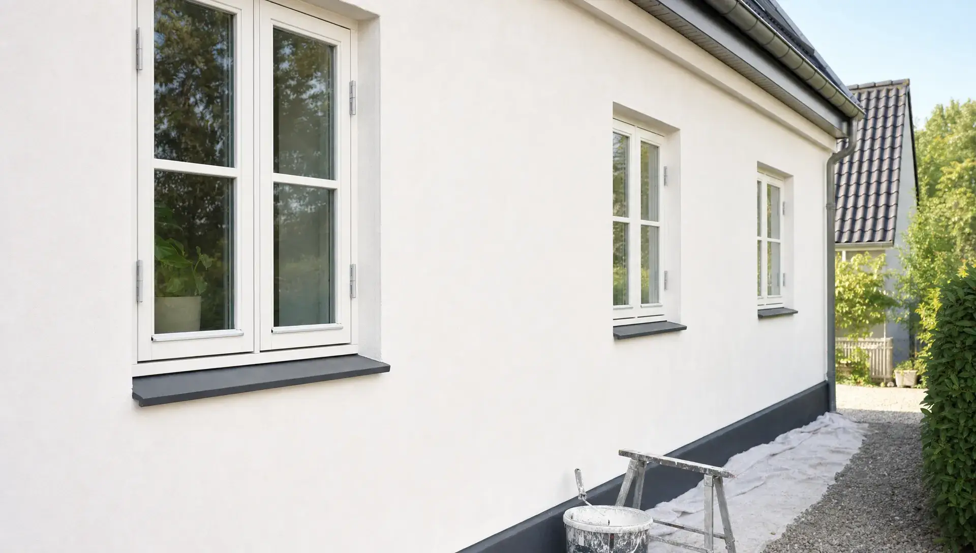 En nymalet lys facade på et dansk hus set tæt fra siden, med fokus på de rene vinduesrammer, den afdækkede sokkel og den ensartede overflade efter facademaling. Der ligger diskret malerværktøj ved huset, så motivet tydeligt viser et professionelt udført resultat.