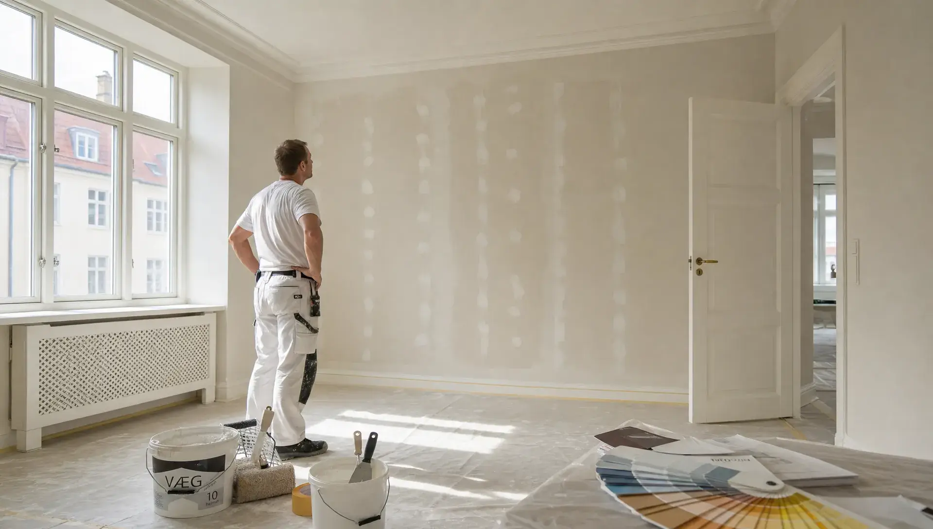 En professionel maler vurderer en lys stue med vægge og loft, hvor spartel, malerspand, afdækning og farveprøver ligger klar til indendørs malerarbejde.