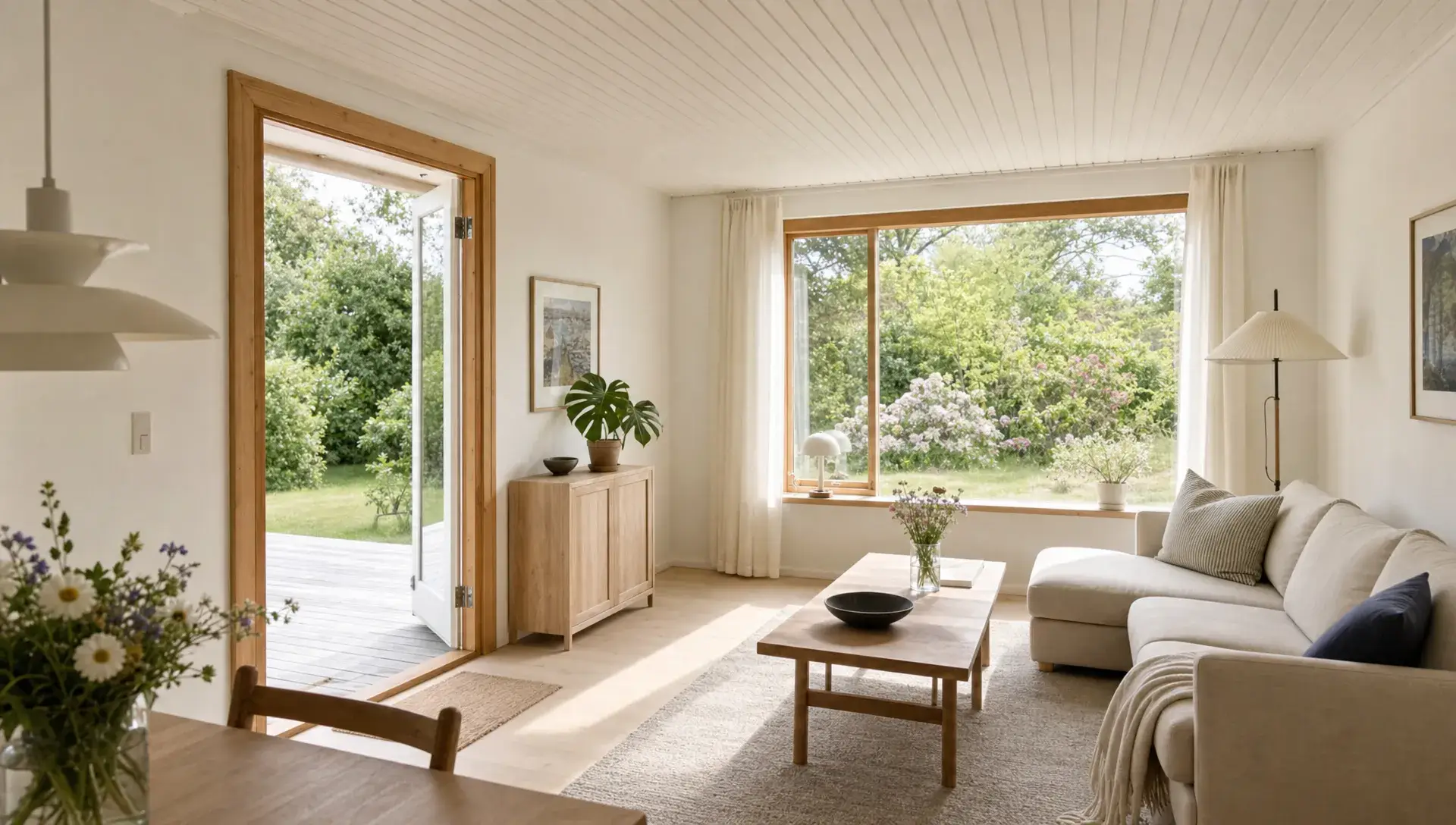 Et lyst dansk sommerhus med nymalede vægge, rene lofter, naturligt træværk og et enkelt opholdsrum med kig til have og terrasse.