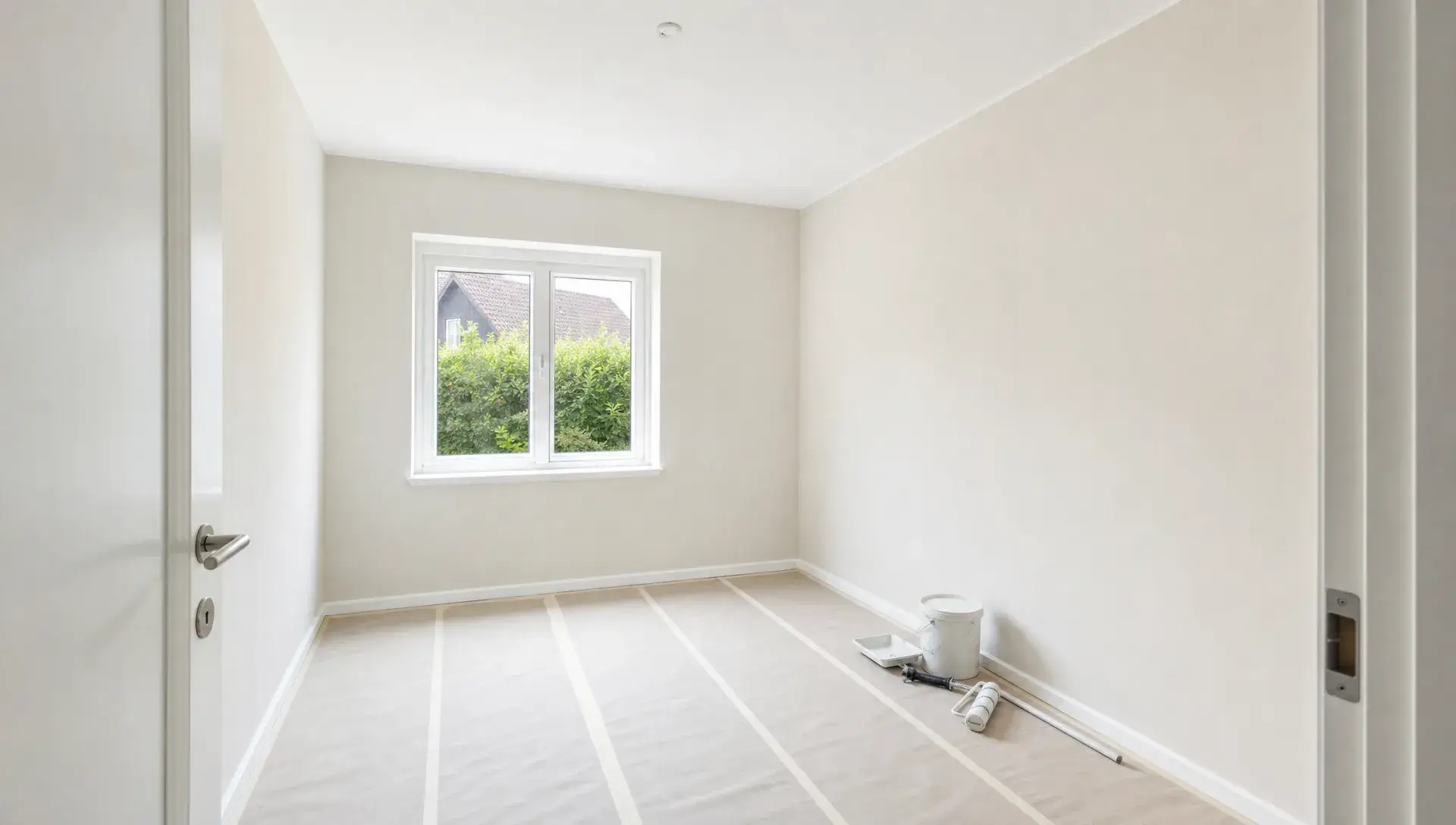 Et lyst nymalet rum med ensartede vægge og hvide lofter, set fra døråbningen, med afdækket gulv og malerværktøj placeret langs kanten. Rummet fremstår rent, færdigt og klar til indflytning.