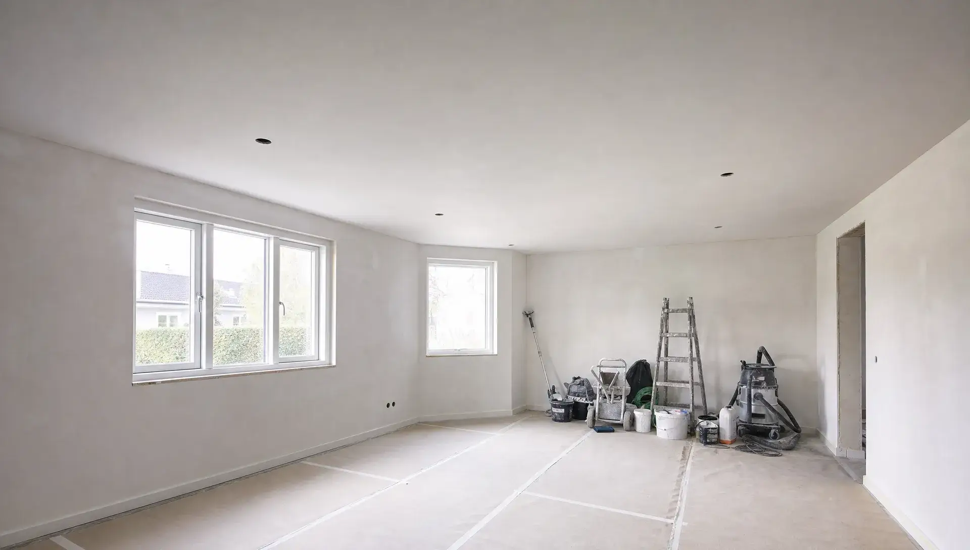 Et lyst rum under renovering med et nyslebet og fuldspartlet loft, afdækkede gulve og værktøj samlet langs væggen. Loftet fremstår glat, ensartet og klar til professionel slutbehandling.