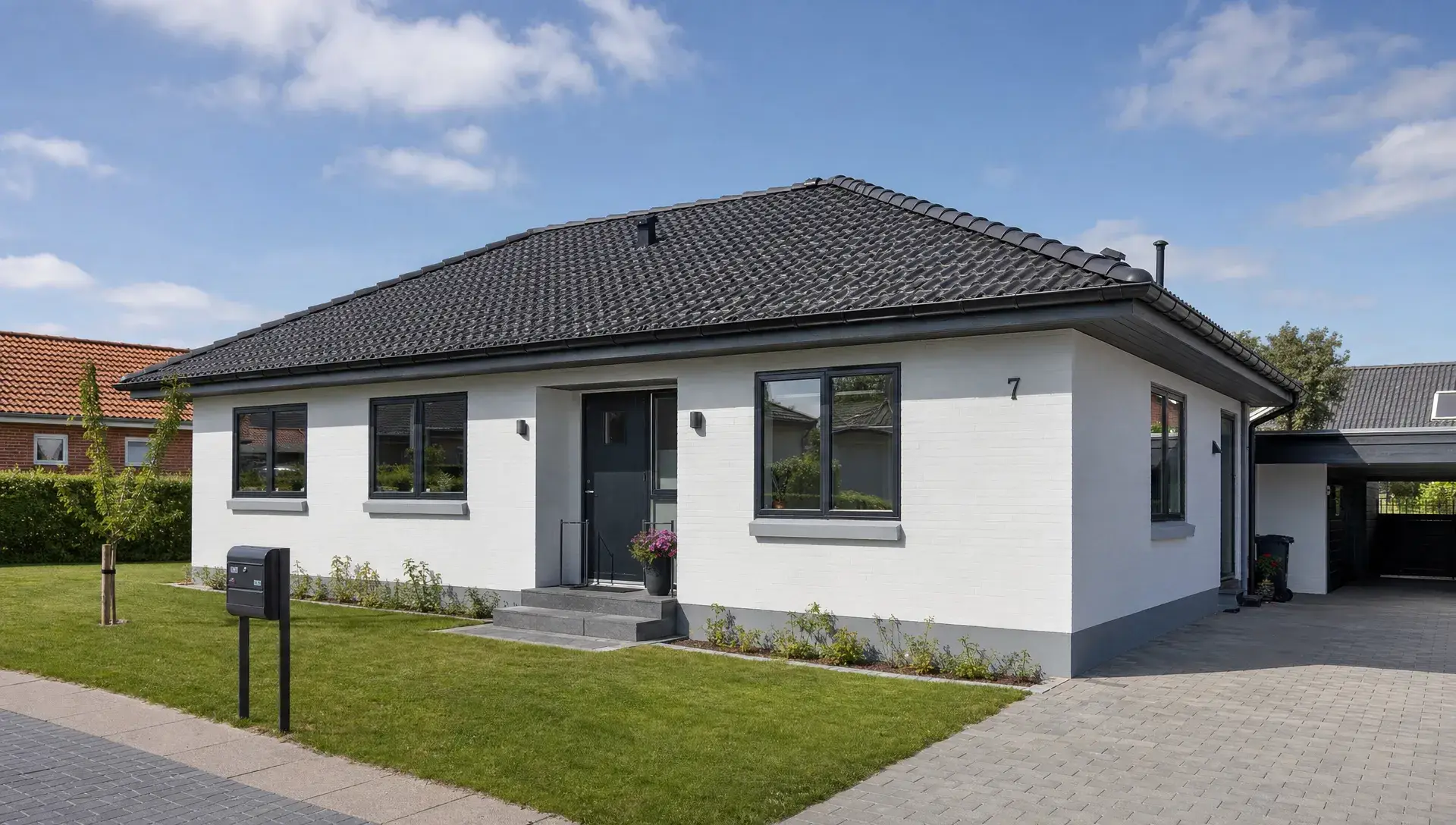 Et nymalet dansk parcelhus set lidt skråt forfra, hvor facaden, vinduerne og træværket fremstår ensartet og velholdt med tydelige detaljer omkring overgange og afslutninger.