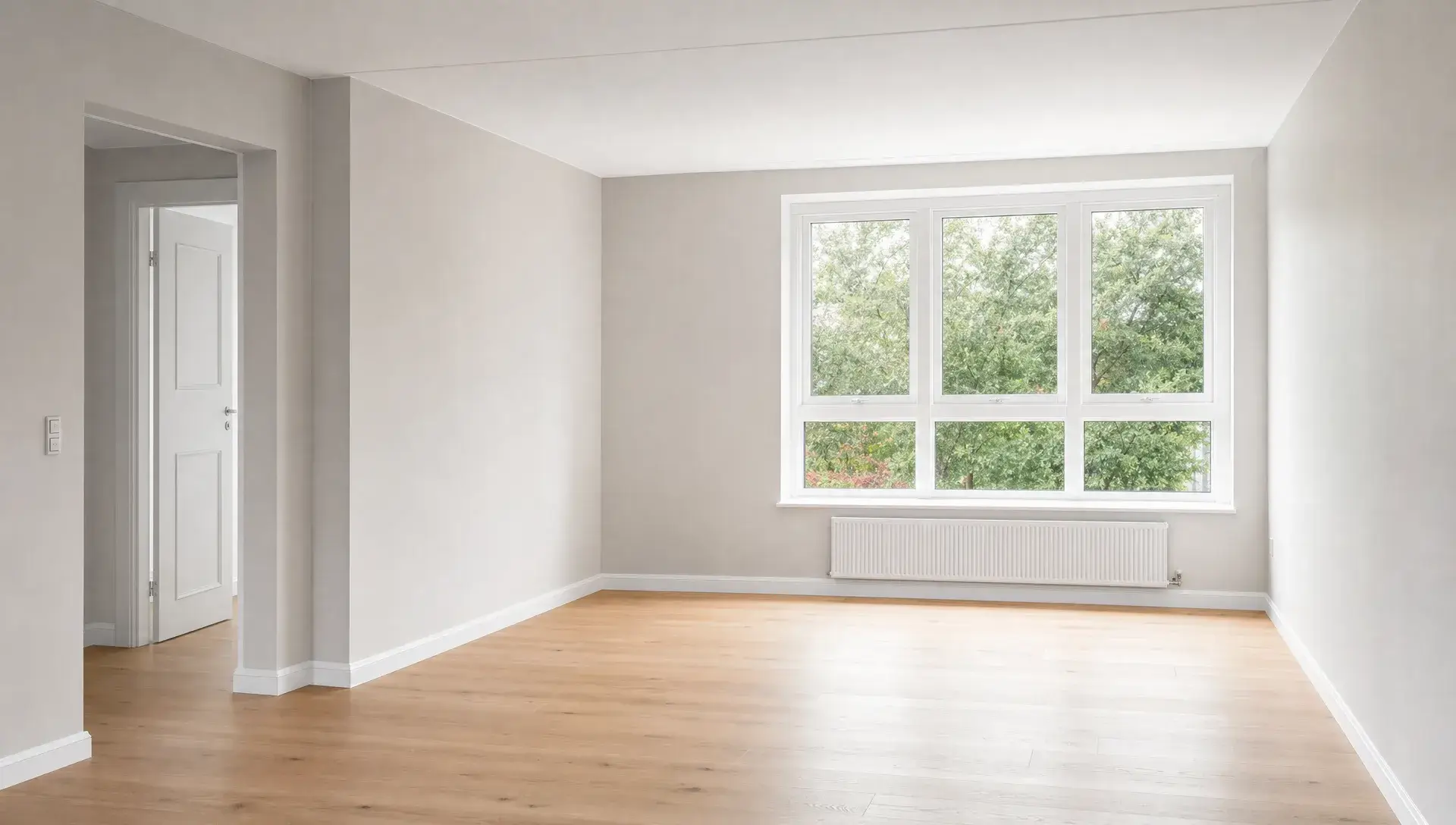 En lys og nyistandsat stue set i øjenhøjde, med nymalede vægge, jævnt loft, afdækket gulv langs væggene og skarpe afslutninger ved paneler og vinduer.