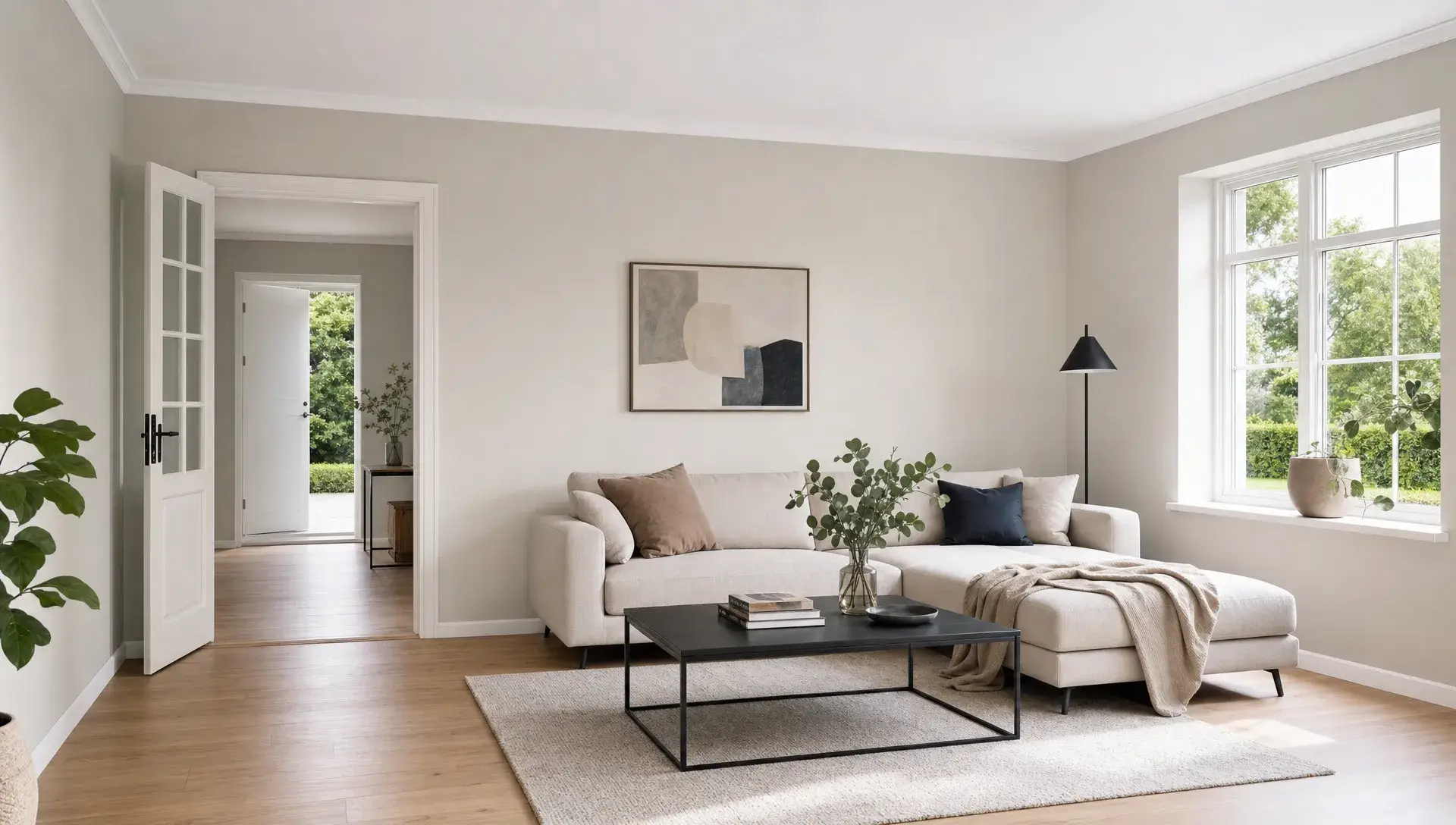 En lys stue med nymalede vægge, et rent loft og pæne fodlister viser en ensartet og professionel malerfinish.