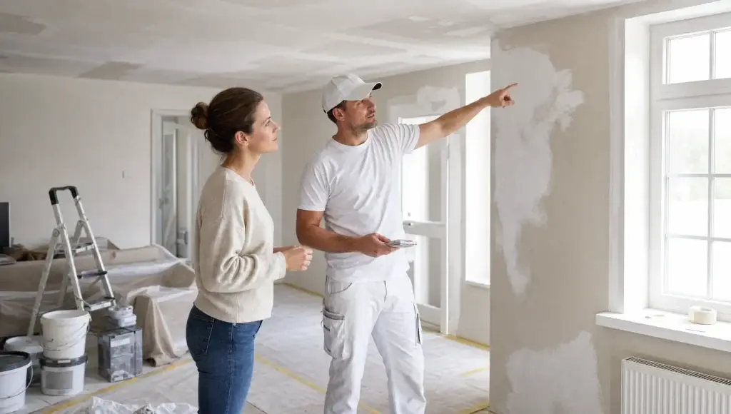 En maler og en boligejer vurderer spartlede vægge og loft i et renoveret rum med afdækket gulv.