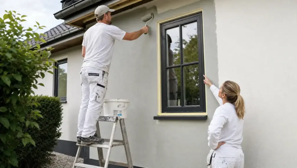 En maler og en kunde står ved en husfacade og ser på arbejdet med udendørs maling af hus og fine detaljer omkring vinduet.