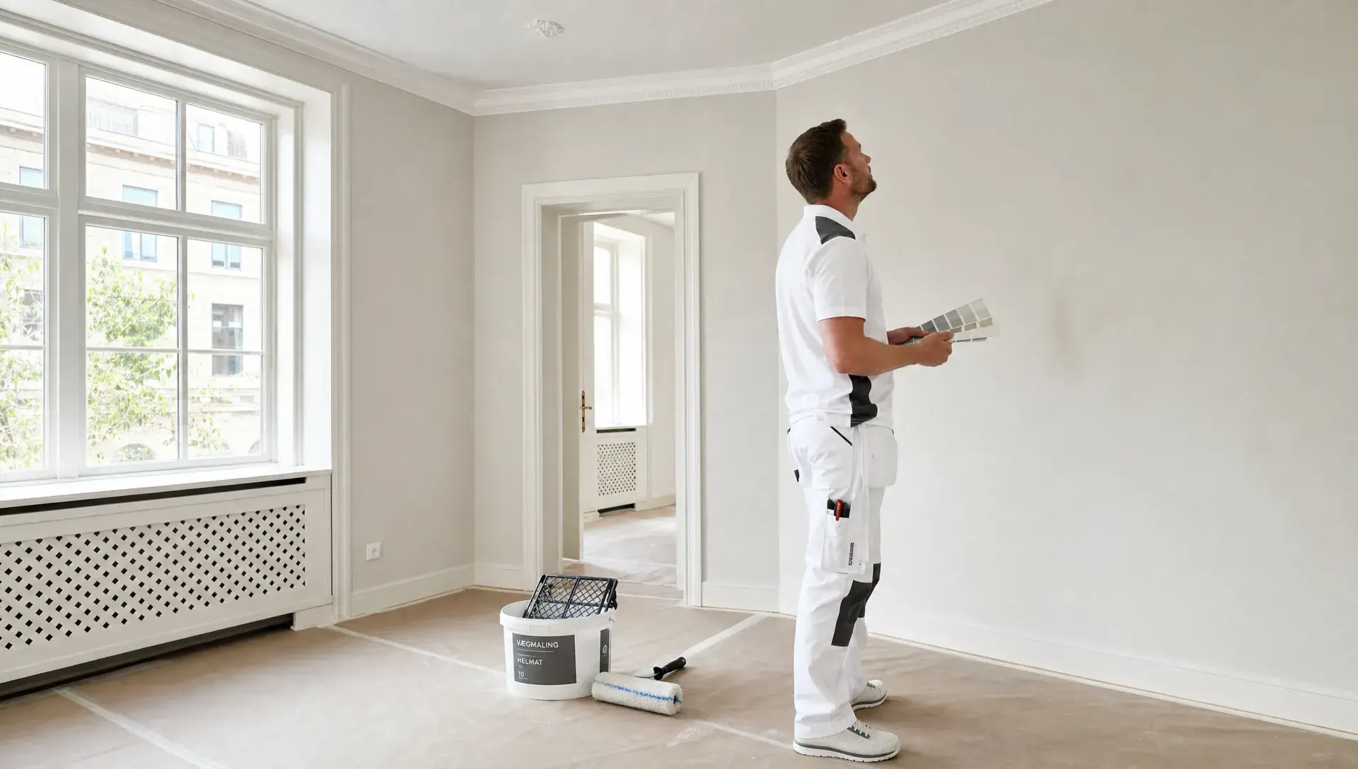 En professionel maler vurderer vægge og loft i en lys bolig med afdækket gulv, malerspand og farveprøver klar til en præcis beregning af maling og materialer.