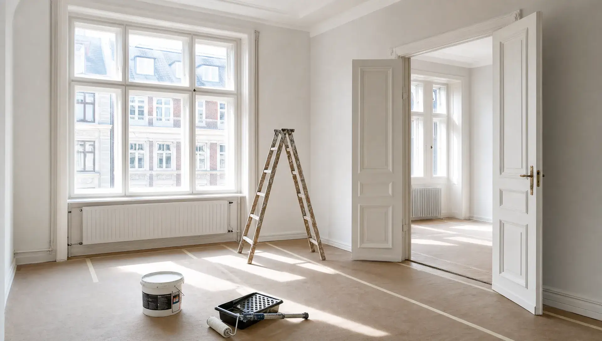 En tom københavnsk lejlighed med lyse vægge, afdækket gulv og malerværktøj klar til malerarbejde.