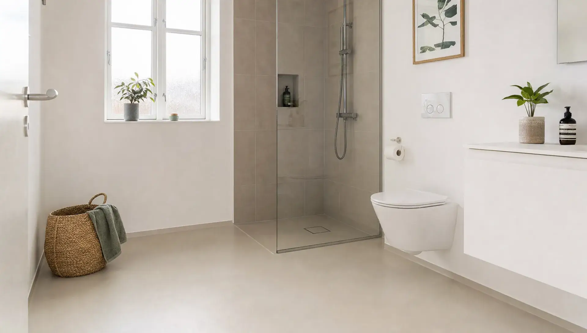 Et lyst badeværelse med et nymalet gulv, hvide vægge, enkel bruseniche, pæne fuger og et rent, moderne udtryk med fokus på en slidstærk gulvoverflade.