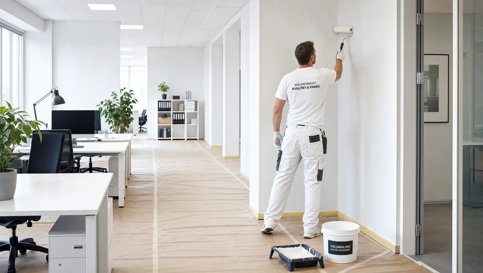 Et lyst kontor med nymalede vægge, afdækkede gulve og ryddelige arbejdsområder viser professionel maling af kontor.