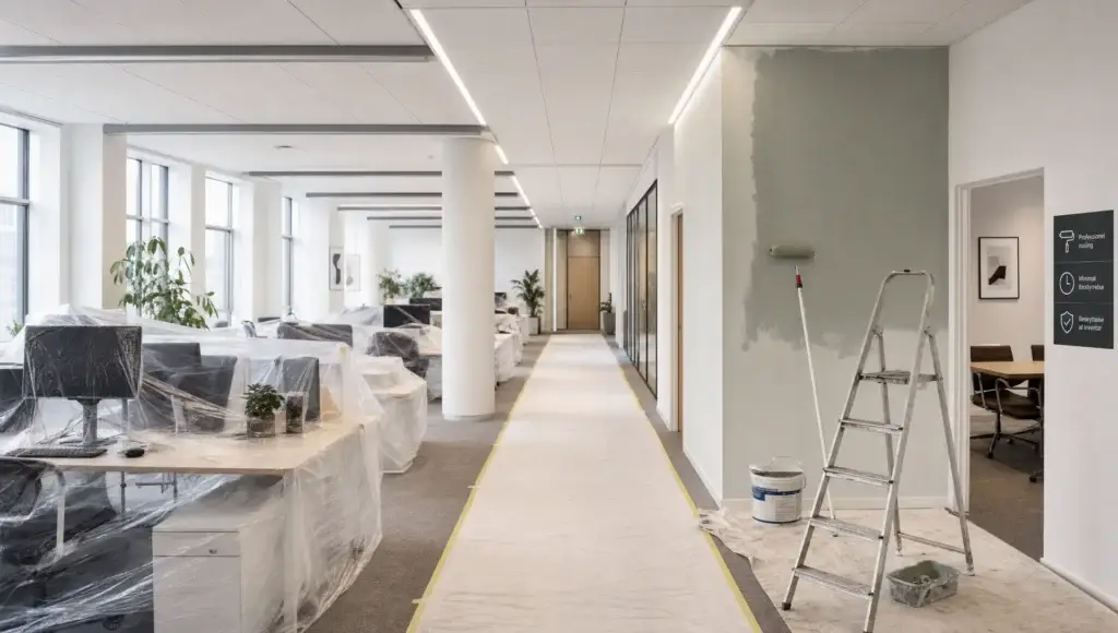 Et lyst kontor med nymalede vægge og beskyttet gulv viser professionel maling af kontor i gang.