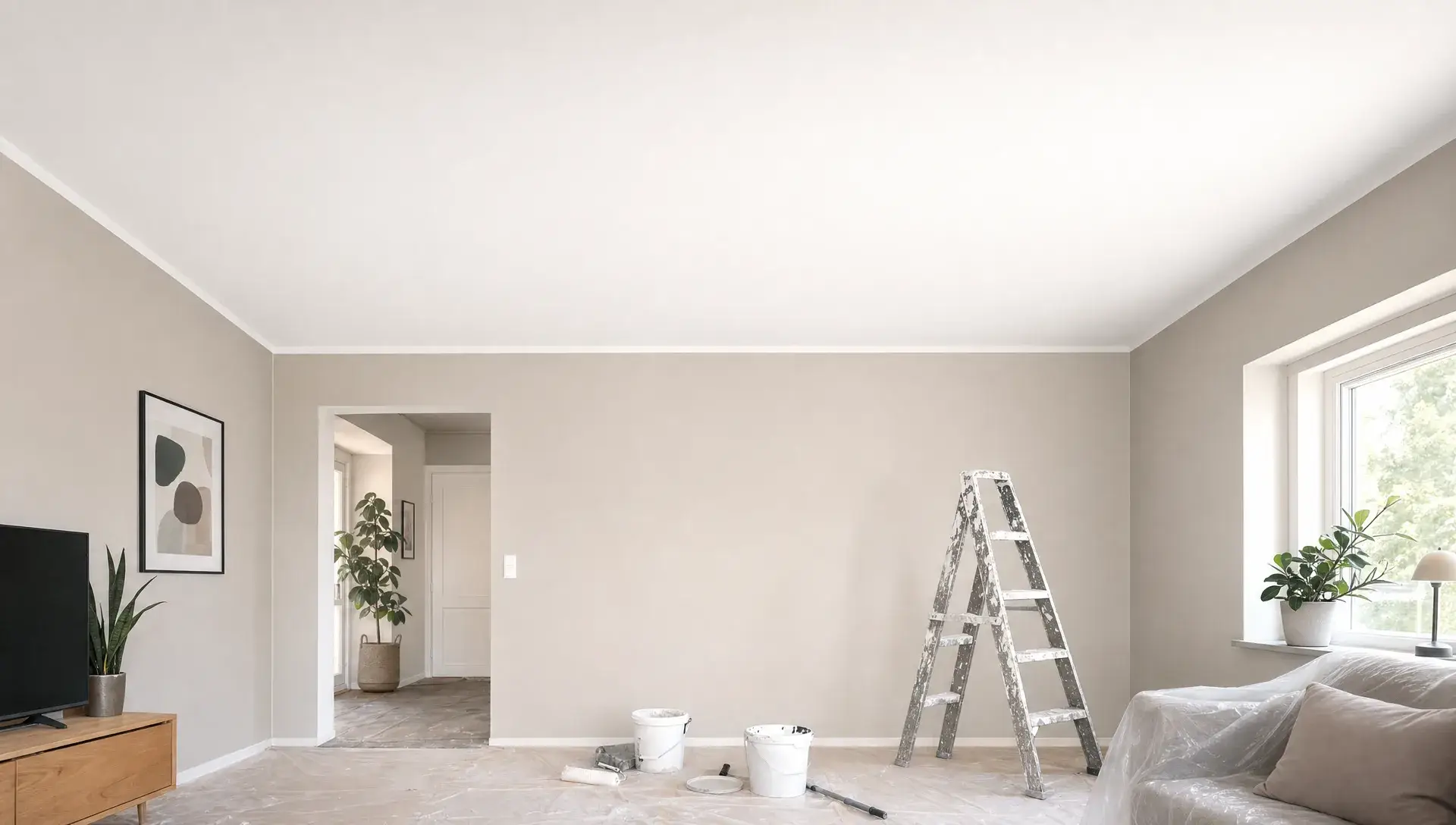 Et lyst nymalet loft set i øjenhøjde i en moderne stue med afdækket gulv, rene overgange ved væggen og en malerstige placeret ved siden af arbejdsområdet.