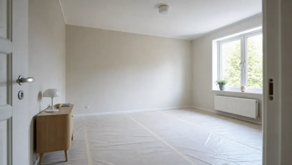 Et lyst, nymalet værelse set fra døråbningen med glatte vægge, malet loft og afdækket gulv.