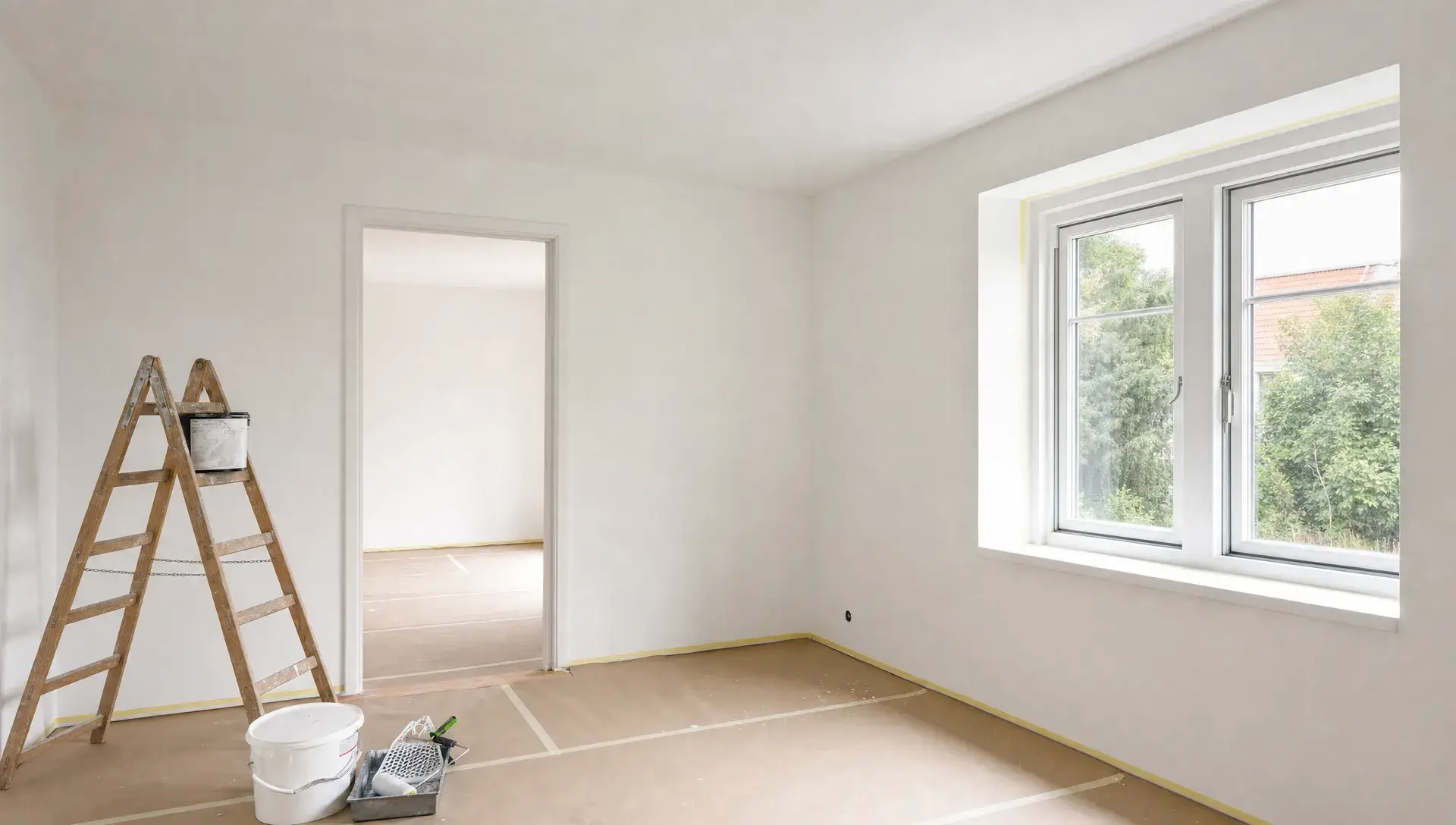 Et lyst rum under renovering viser nymalede vægge og loft med afdækket gulv og skarpe kanter ved vinduet.