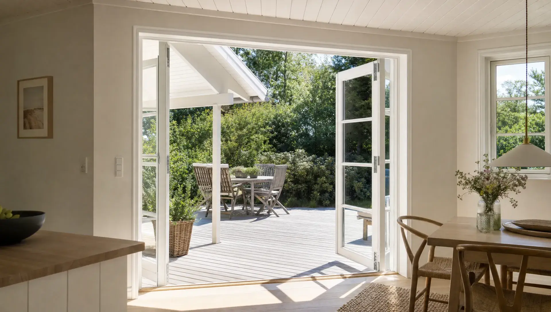 Et lyst sommerhus set indefra gennem en åben terrassedør, hvor nymalede vægge og lofter møder det friskmalede træværk udenfor i en rolig boligscene.