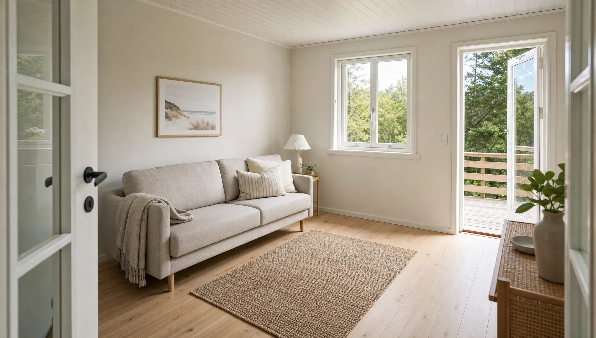 Et lyst sommerhusrum set skråt fra døren, hvor nymalede vægge og loft, en enkel sofa og lyse trægulve giver et roligt og ensartet udtryk.