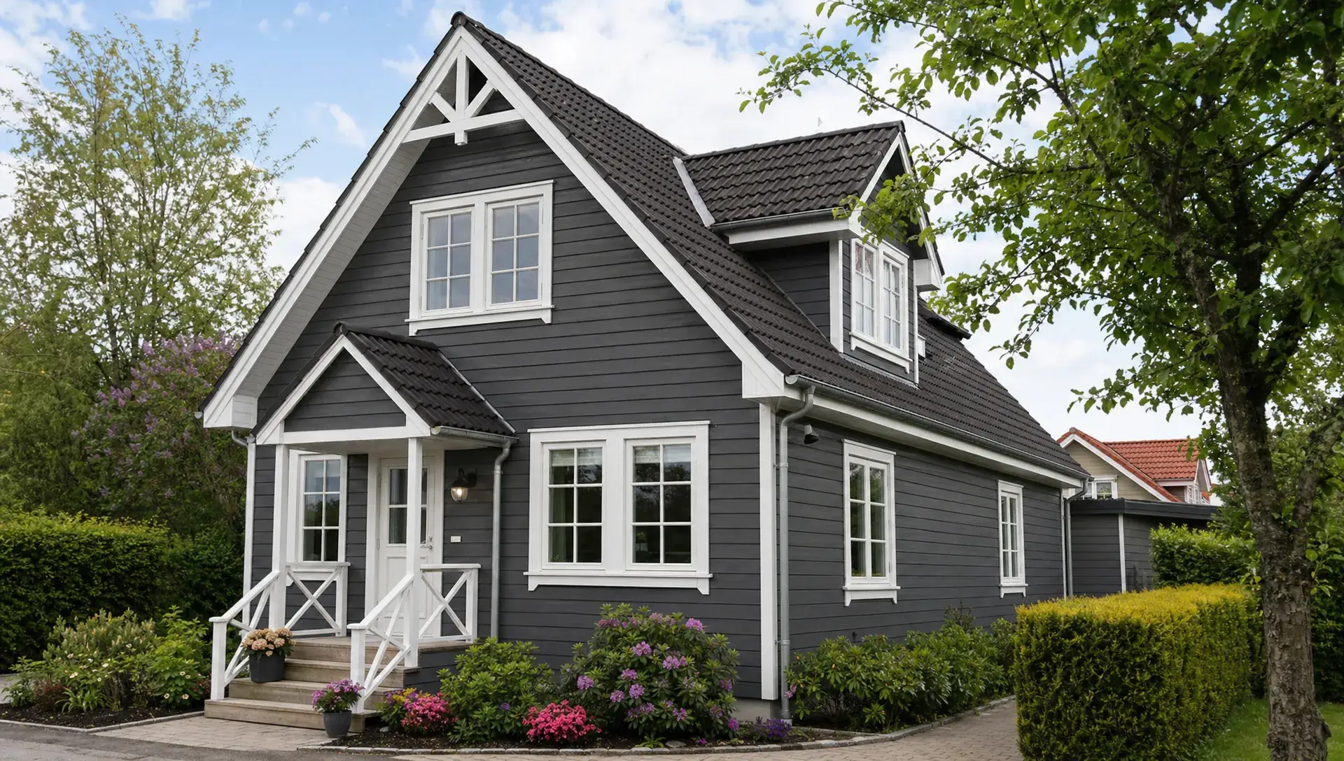 Et nymalet træhus set skråt forfra, hvor facaden, vinduesrammerne og det udvendige træværk fremstår ensartet og velholdt i et roligt villamiljø.