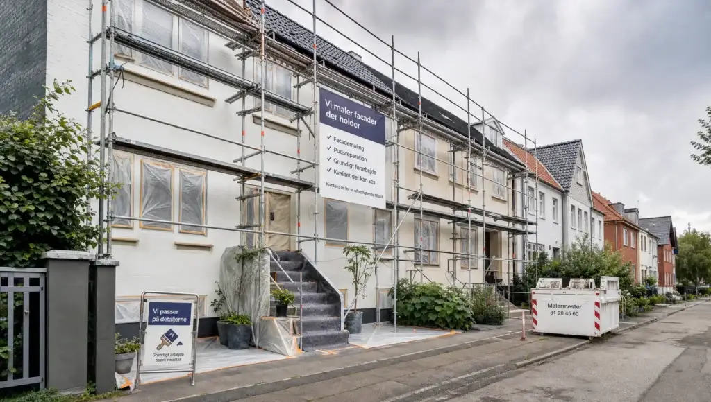 Et rækkehus med stillads og afdækkede vinduer viser facademaling i gang på en større ejendom.