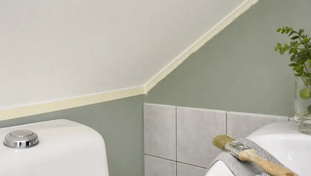 Et tæt udsnit af en nymalet hjørneløsning i et toilet med pensel, afdækning og skarpe kanter.