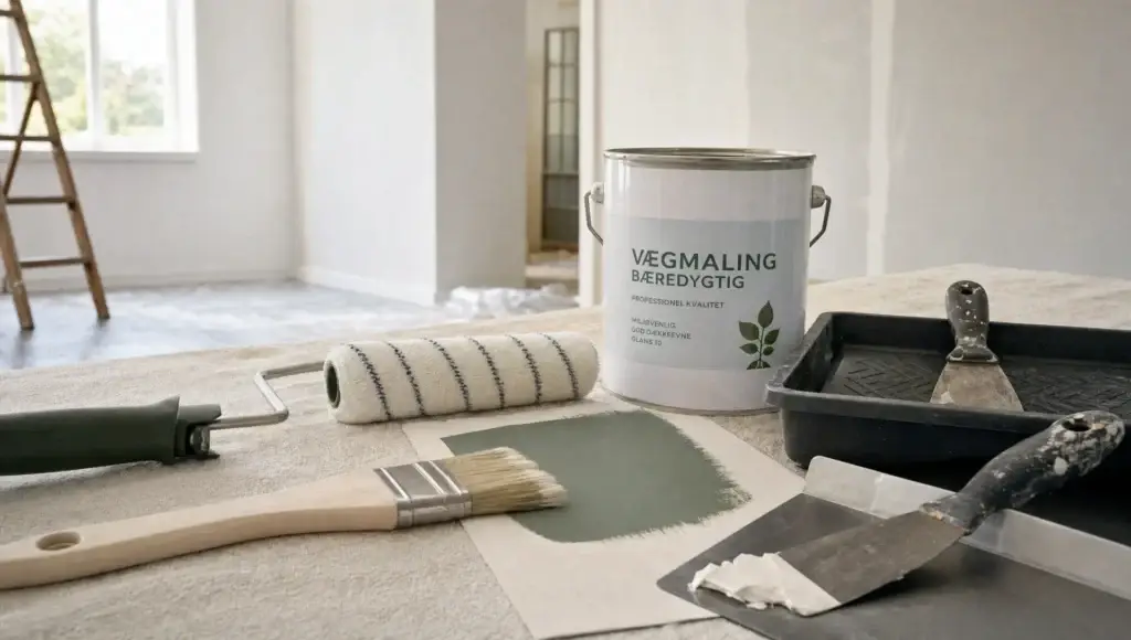 Malerrulle, pensel og spartel ligger på et bord med fokus på bæredygtig maling og forarbejde.