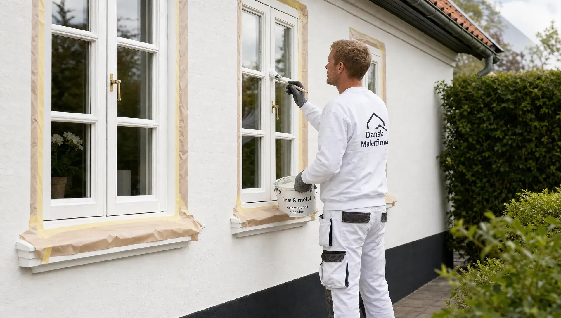 Professionel maler arbejder med udvendig maling af hvide trævinduer på et dansk hus, hvor vindueskarme og træværk er klargjort og afdækket, mens facaden fremstår ren og velholdt.
