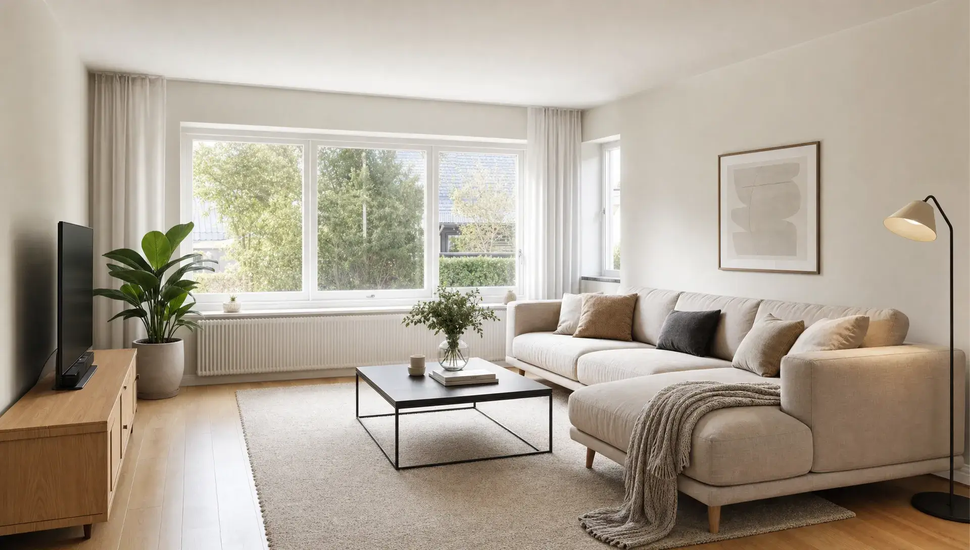 En lys stue med ensartede vægge, glat loft, sofaer og store vinduer med dagslys.