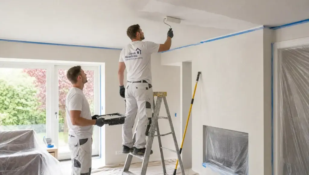 En maler ruller et nymalet loft i en stue med afdækket gulv og malerudstyr under arbejdet.