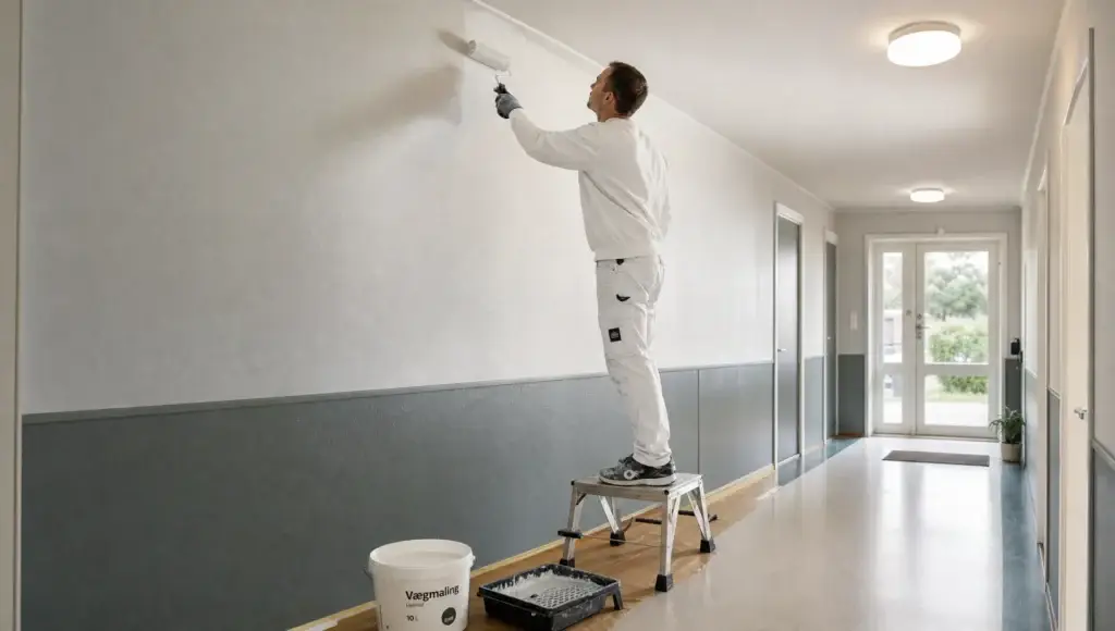 En maler ruller maling på en lang væg i en fællesgang med afdækket gulv og materialer ved siden af.