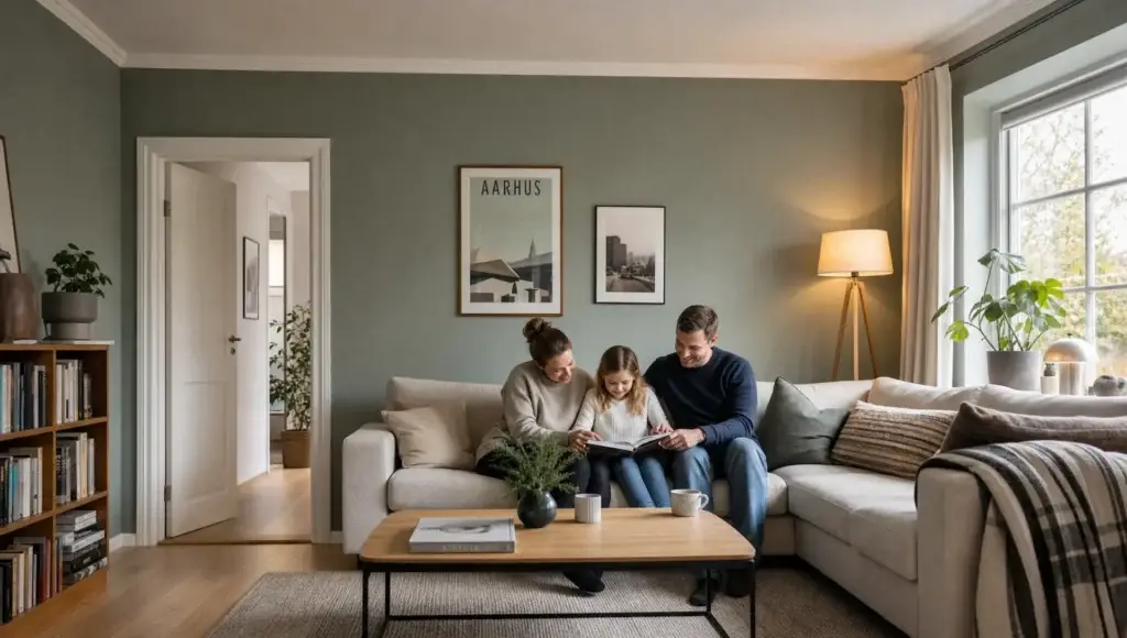 En møbleret stue i daglig brug viser et nymalet, ensartet resultat efter professionel stuemaling.
