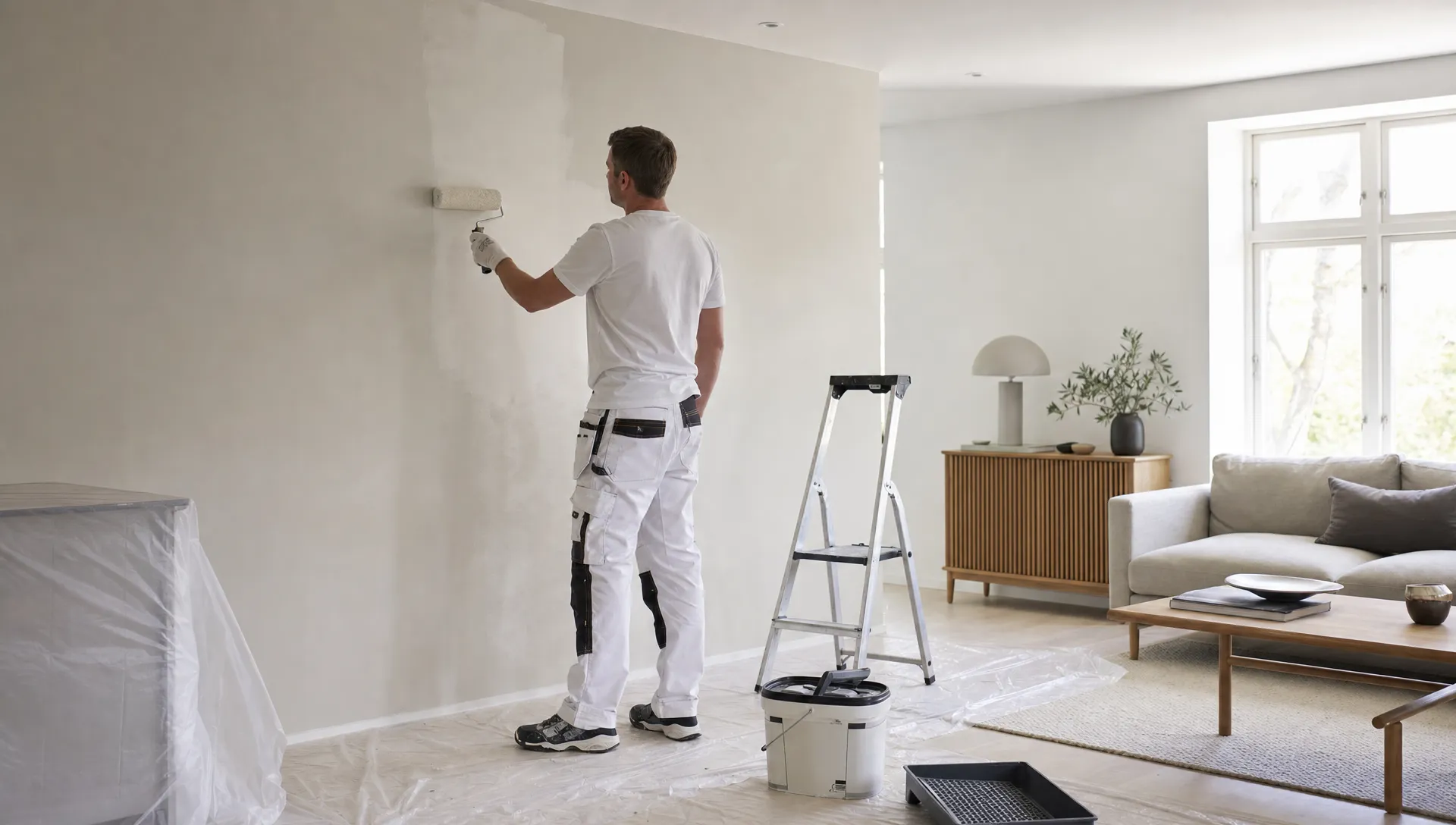 En professionel maler maler en lys væg i en moderne stue med afdækket gulv og værktøj ved siden af.