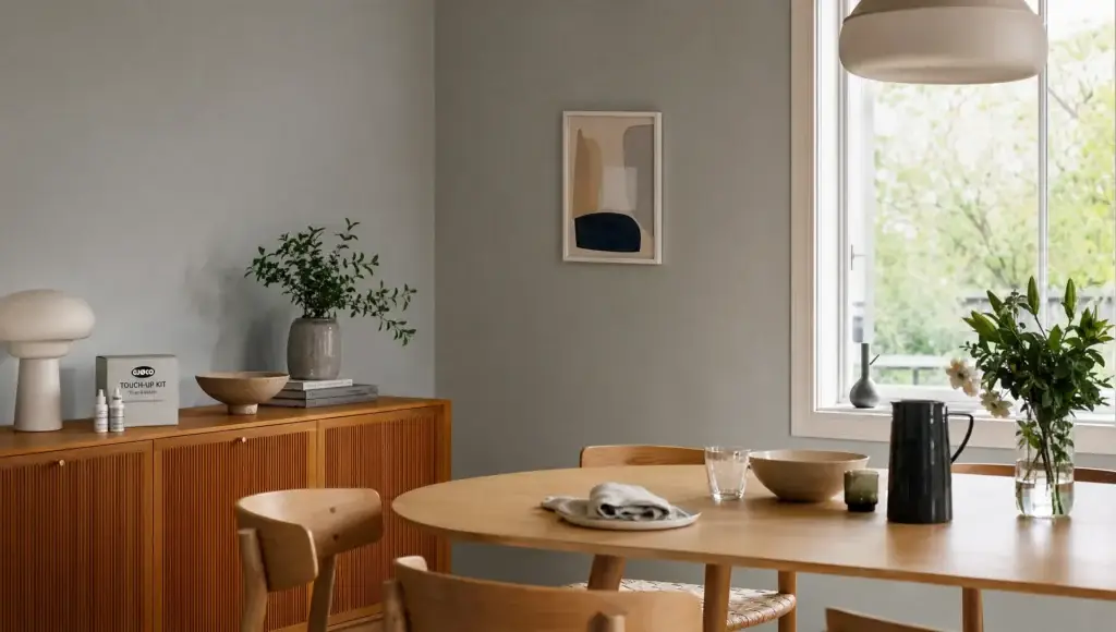 Et almindeligt spiseområde med nymalede vægge og enkel indretning viser, hvordan maling i høj kvalitet passer ind i hverdagen.