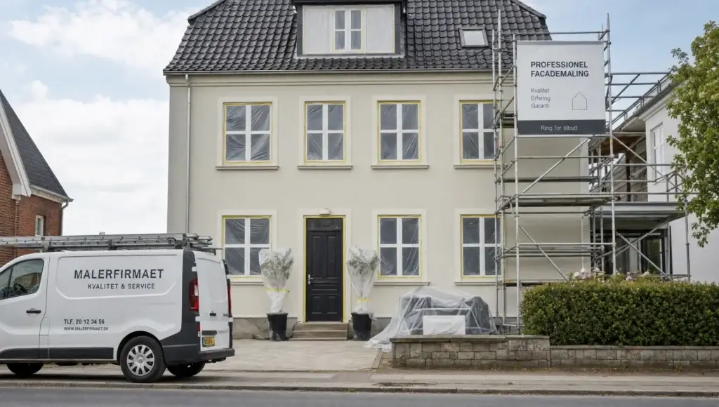 Et hus med stillads, afdækkede vinduer og malerudstyr ved facaden viser en professionel facademaling i gang.