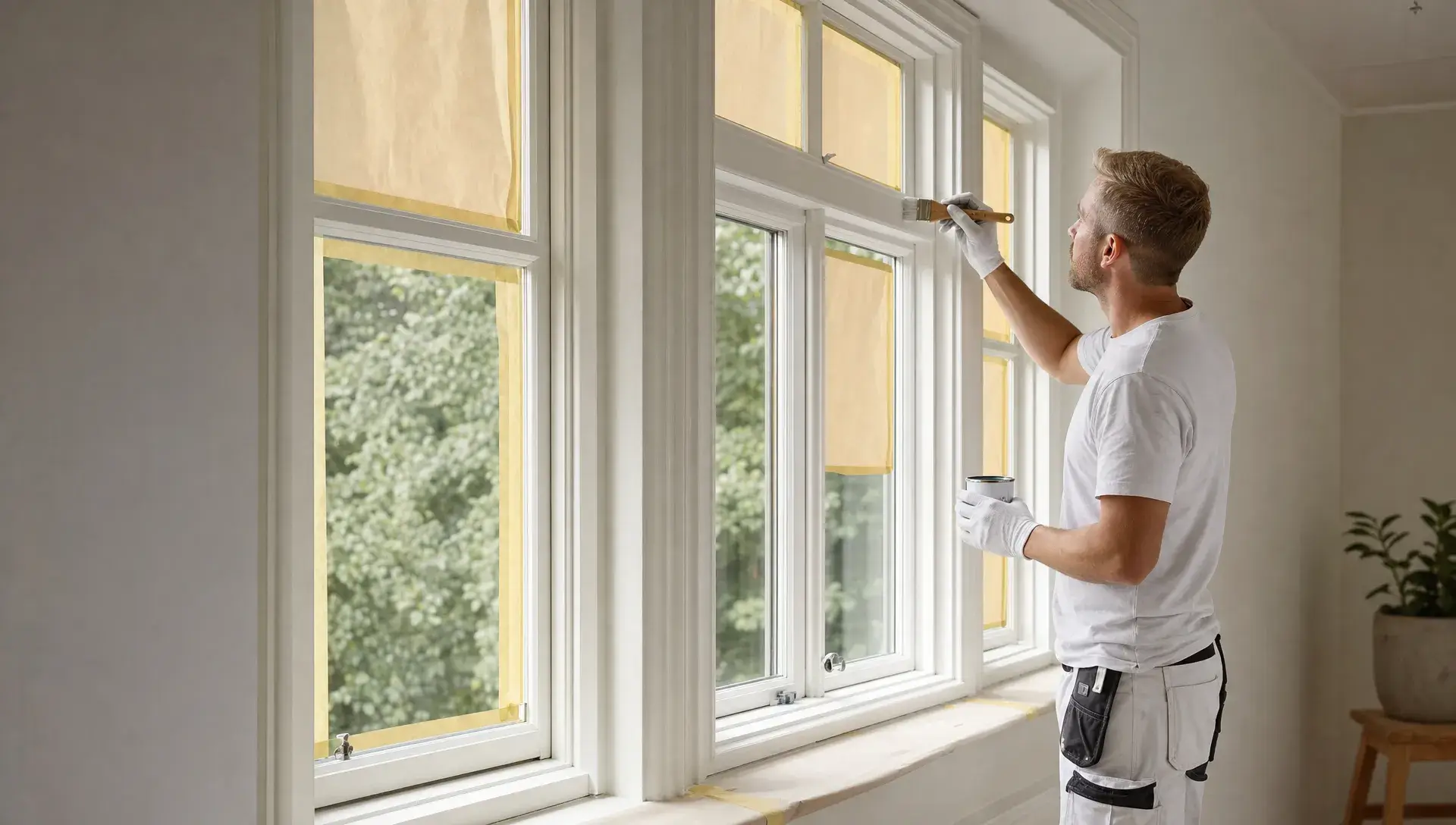 Professionel vinduesmaling af hvide trærammer med afdækkede glasfelter og slebne karme ved et lyst nordisk hjem.