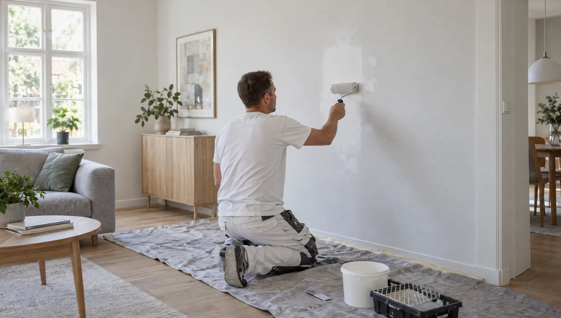 En maler udjævner et repareret felt på en allerede malet væg i en lys stue, mens afdækning beskytter gulvet mod spartelarbejdet.